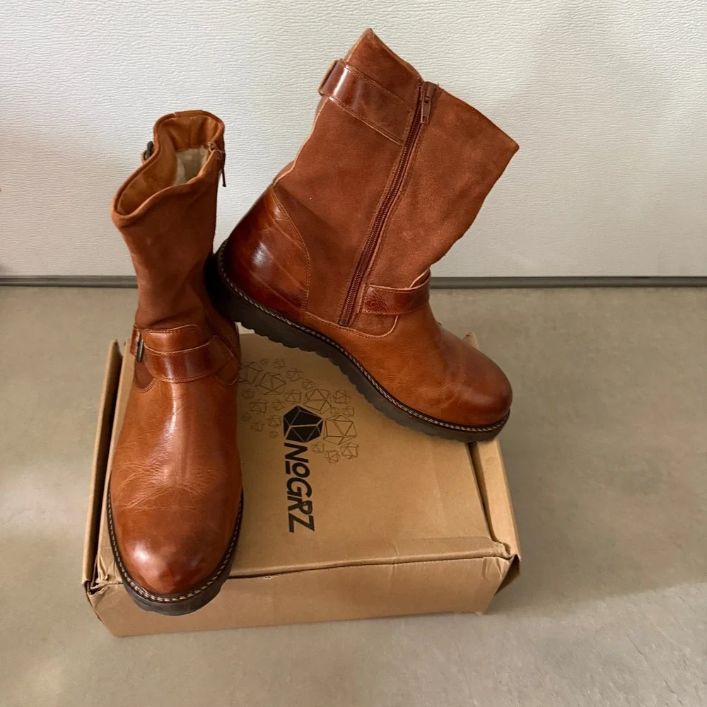 NoGRZ I.Jones Men Cognac Leather Suede Shearling Boots EU 45 Made in Portugal